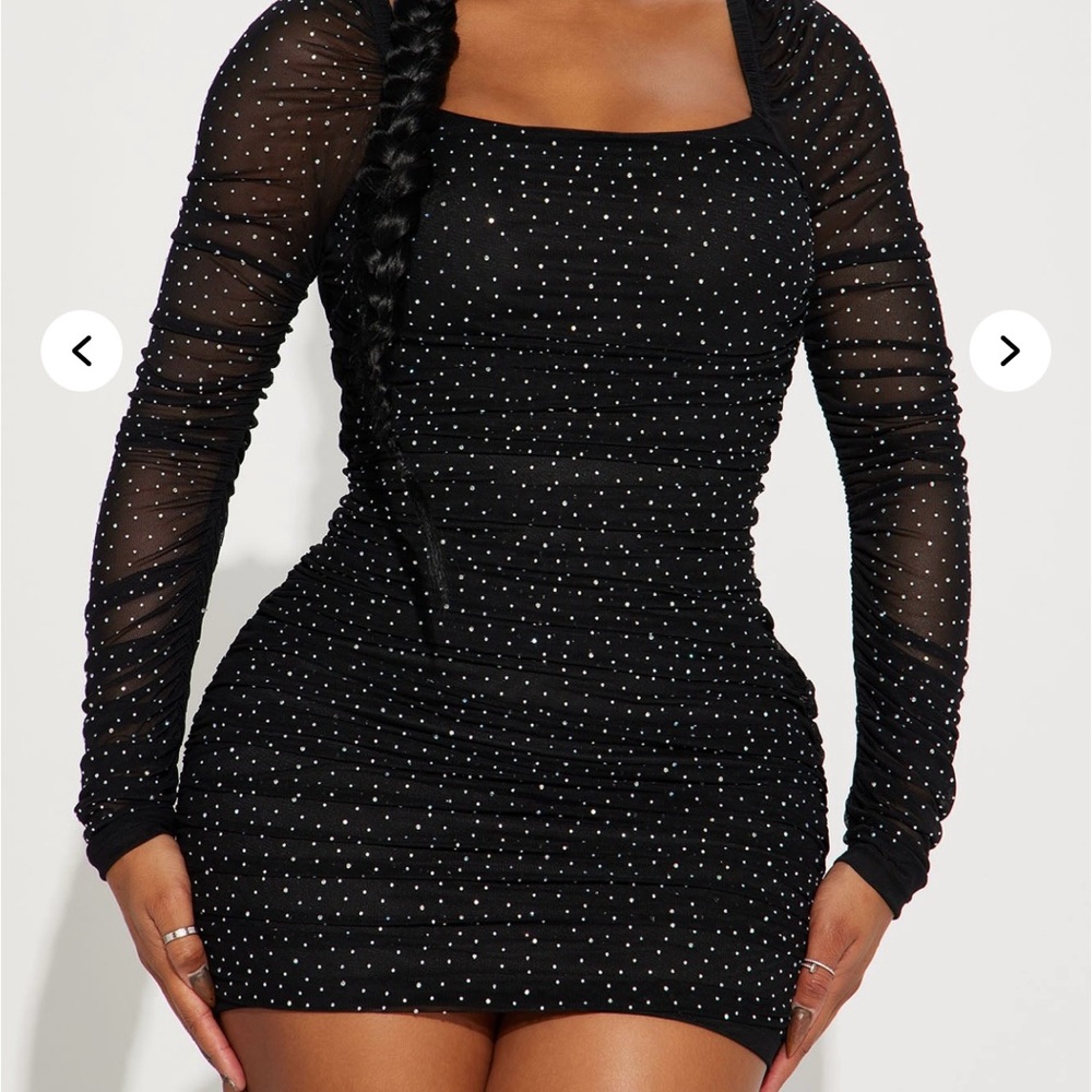 Tabby Rhinestone Mesh Mini Dress - Black